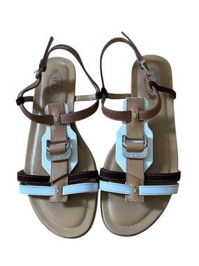 Tod’s T-Strap Sandals Size 6 White Brown Leather